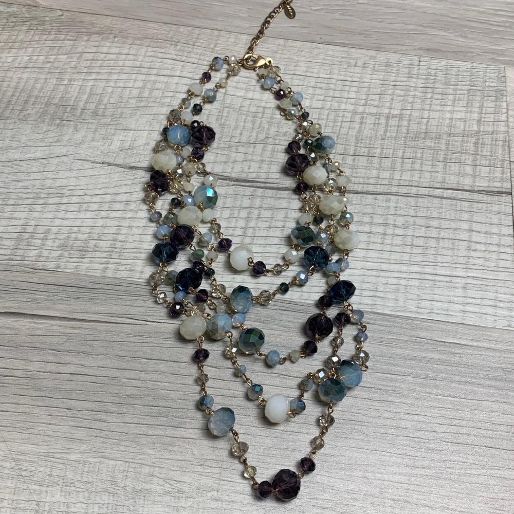 ALDO Multi Strand Beaded Statement Necklace Purple Blue Gold Tone 16 Inch 4234 - Picture 4 of 7